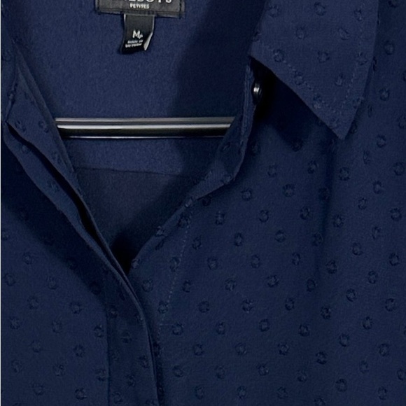 Talbots PM tunic blouse, navy w/Swiss dots, sheer sleeves, spring, office - Picture 6 of 7